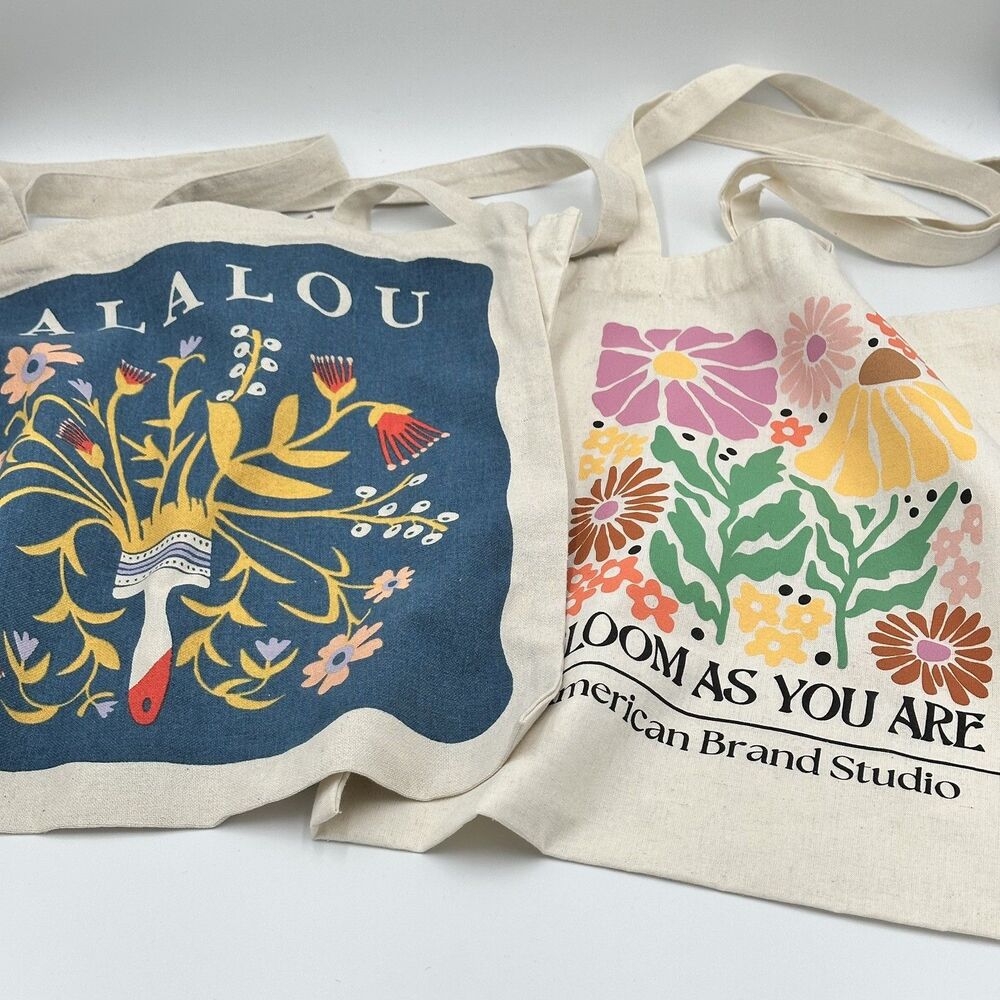 2‎ Canvas Tote Bags Floral Designs Kalalou Blue & Mauve, Yellow, Pink 14 x 15